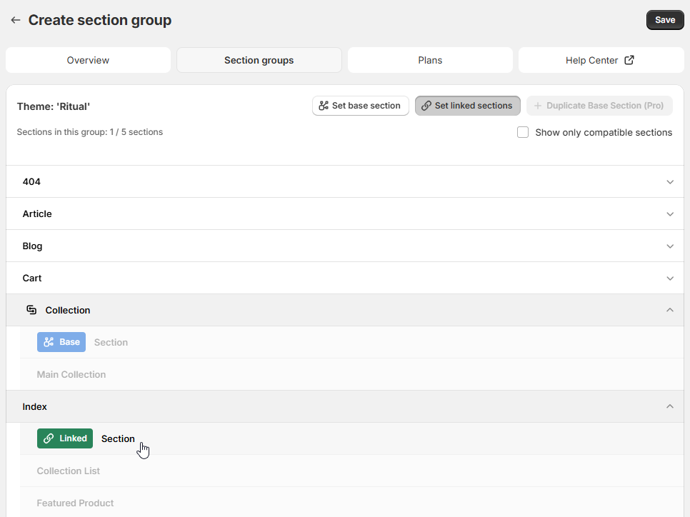 Section Link editor with linked sections highlighted